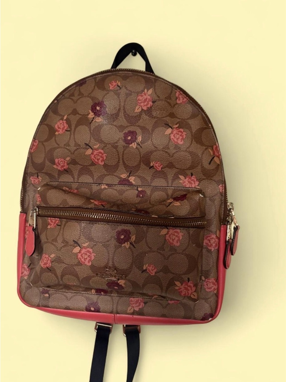 Coach Brown Floral Signature Small Backpack with Coral Trim